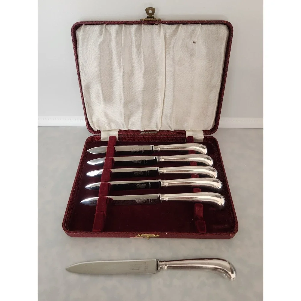 Cheltenham Sheffield England Silverware, Set 6 Knives Knife w/ Box Pistol Handle